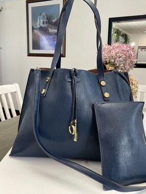 Calvin Klein reversible Classic Navy Tote Bag with Pouch - Women's Handbag